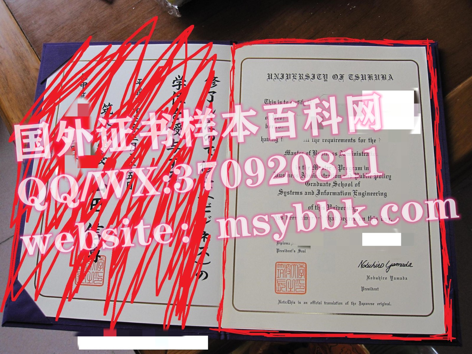 日本最新:筑波大学毕业证书样本