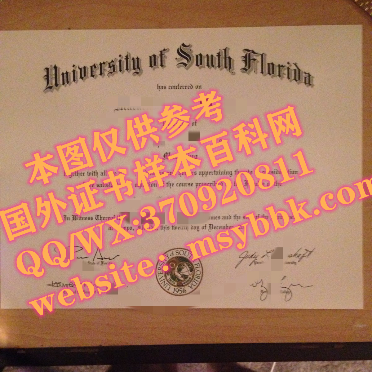 美国南佛罗里达大学毕业证书样本与烫金案例